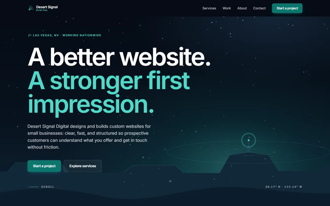 The Desert Signal Digital homepage on a desktop screen: a night desert scene behind the headline "A better website. A stronger first impression."